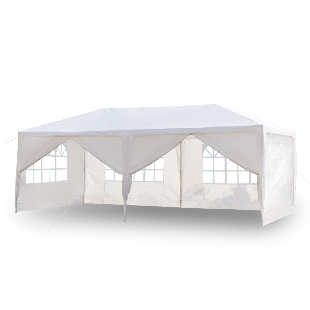 White outdoor canopy tent with side panels on a white background