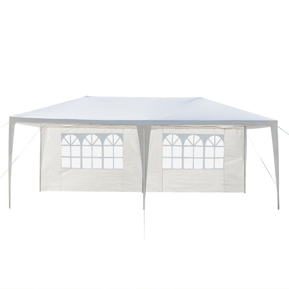 White outdoor canopy tent with side panels on a white background