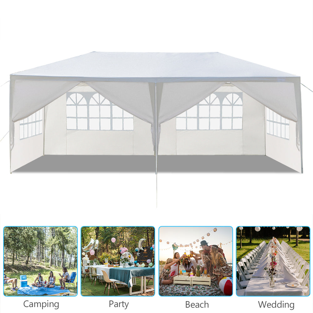 White outdoor canopy tent with side panels, used for camping, party, beach, and wedding settings.