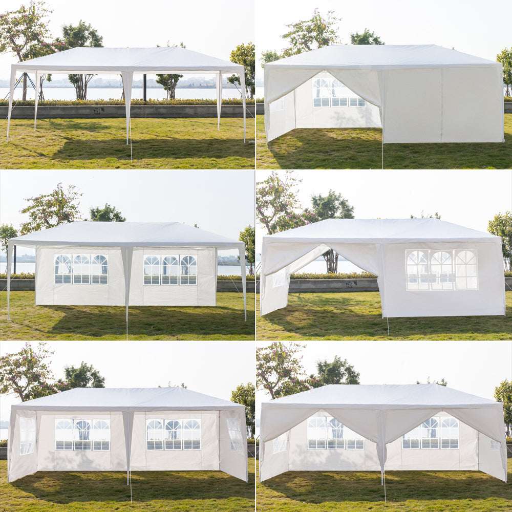 White outdoor canopy tent with side walls in various angles on a grassy background.