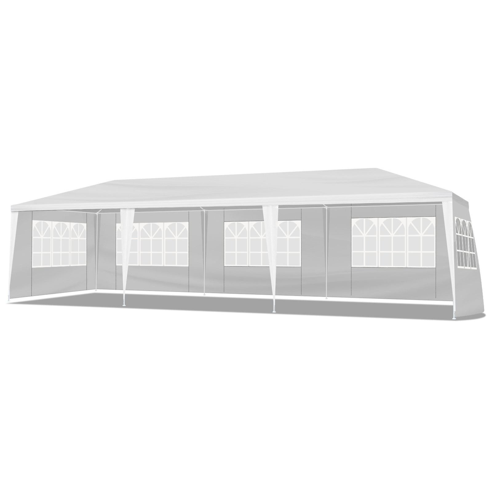 White outdoor canopy tent with transparent side panels on a white background