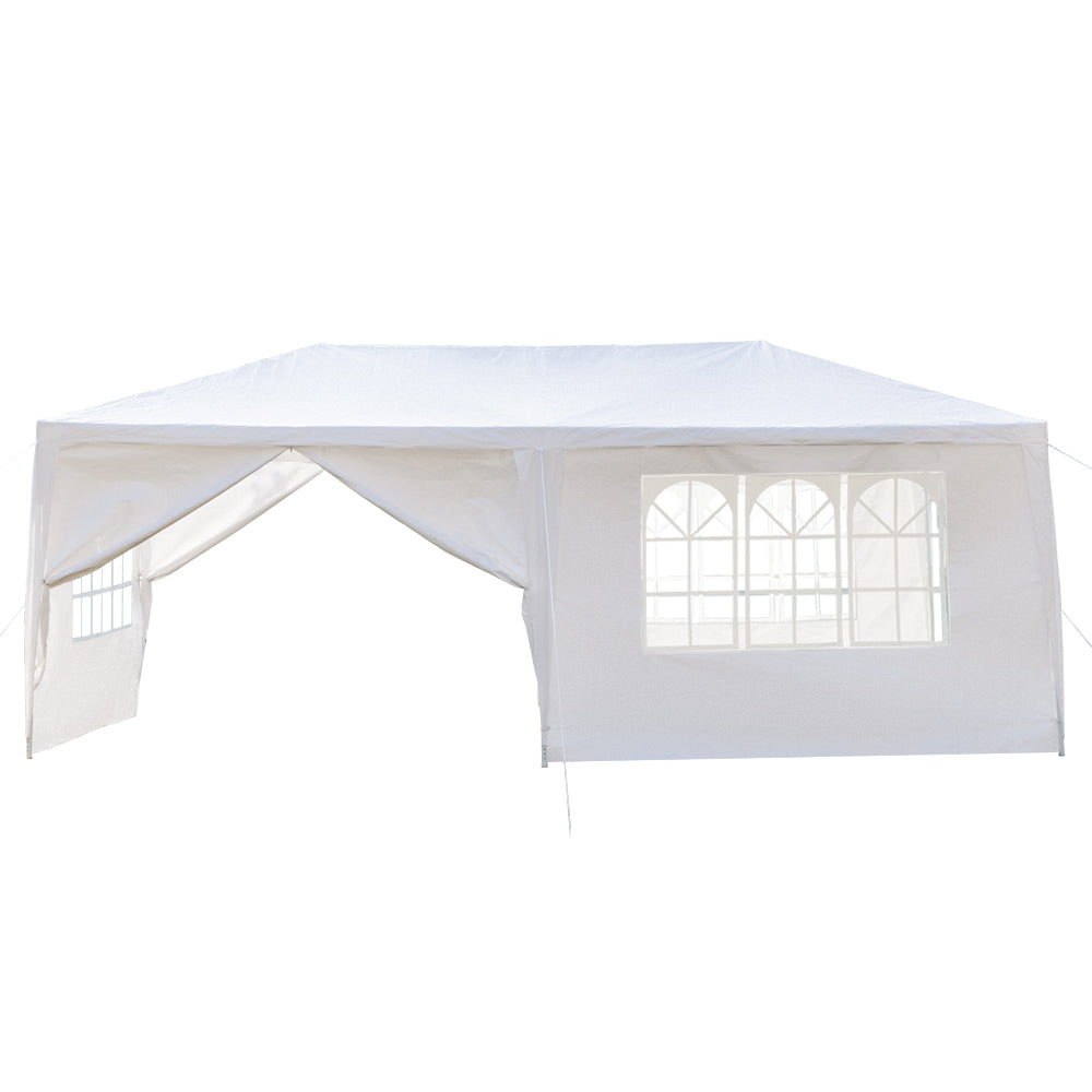 White outdoor canopy tent with windowed side panels on a white background