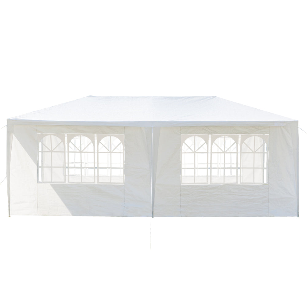 White outdoor canopy tent with windowed sides on a white background