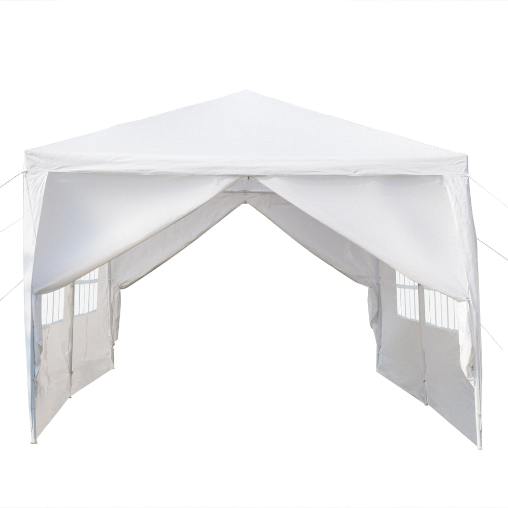 White outdoor canopy tent with side panels on a white background