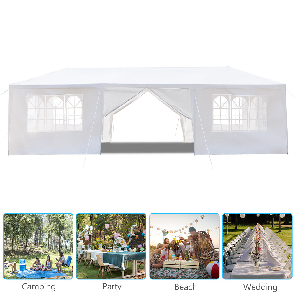 White party tent with images of camping, party, beach, and wedding settings below.