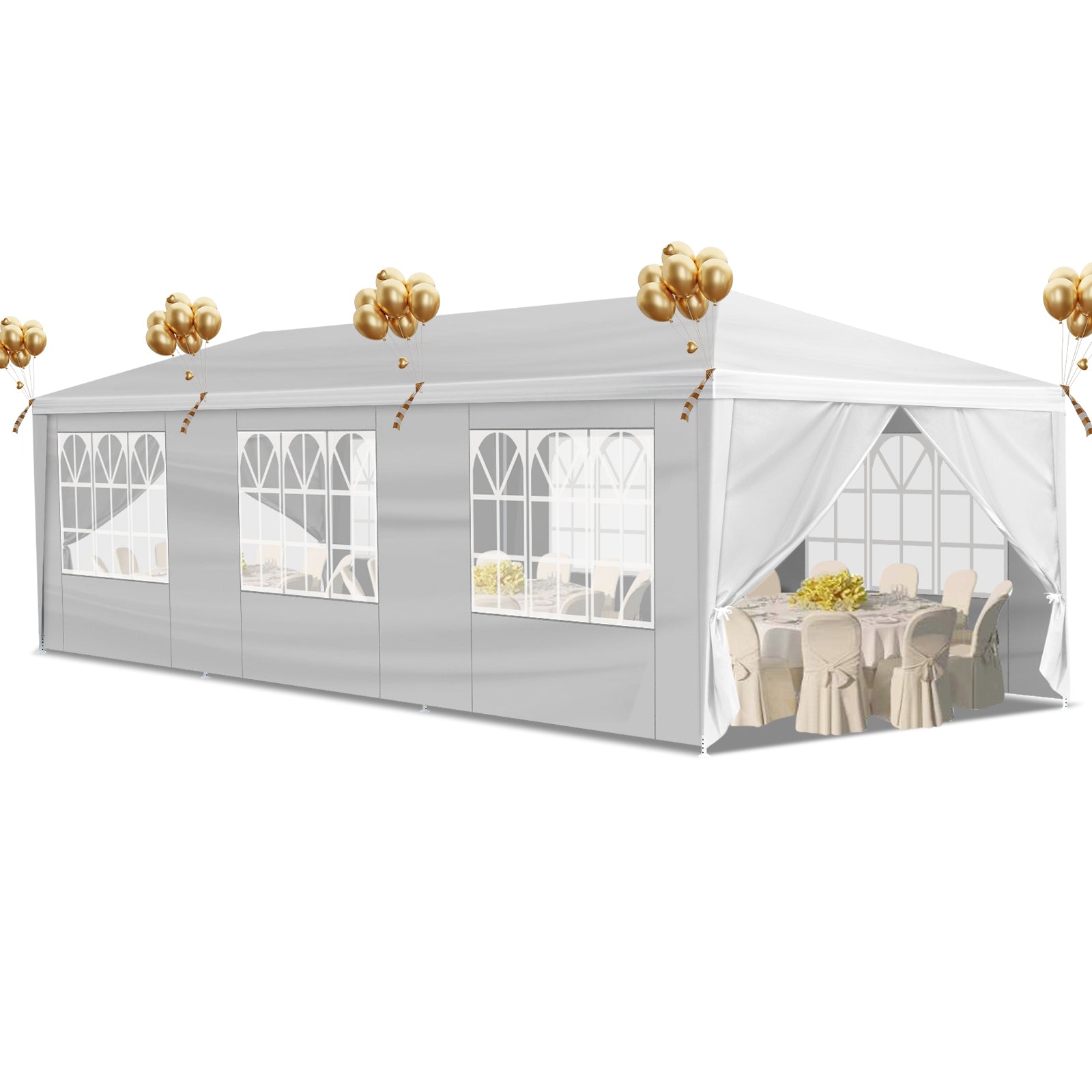White party tent with gold balloons and tables inside on a white background