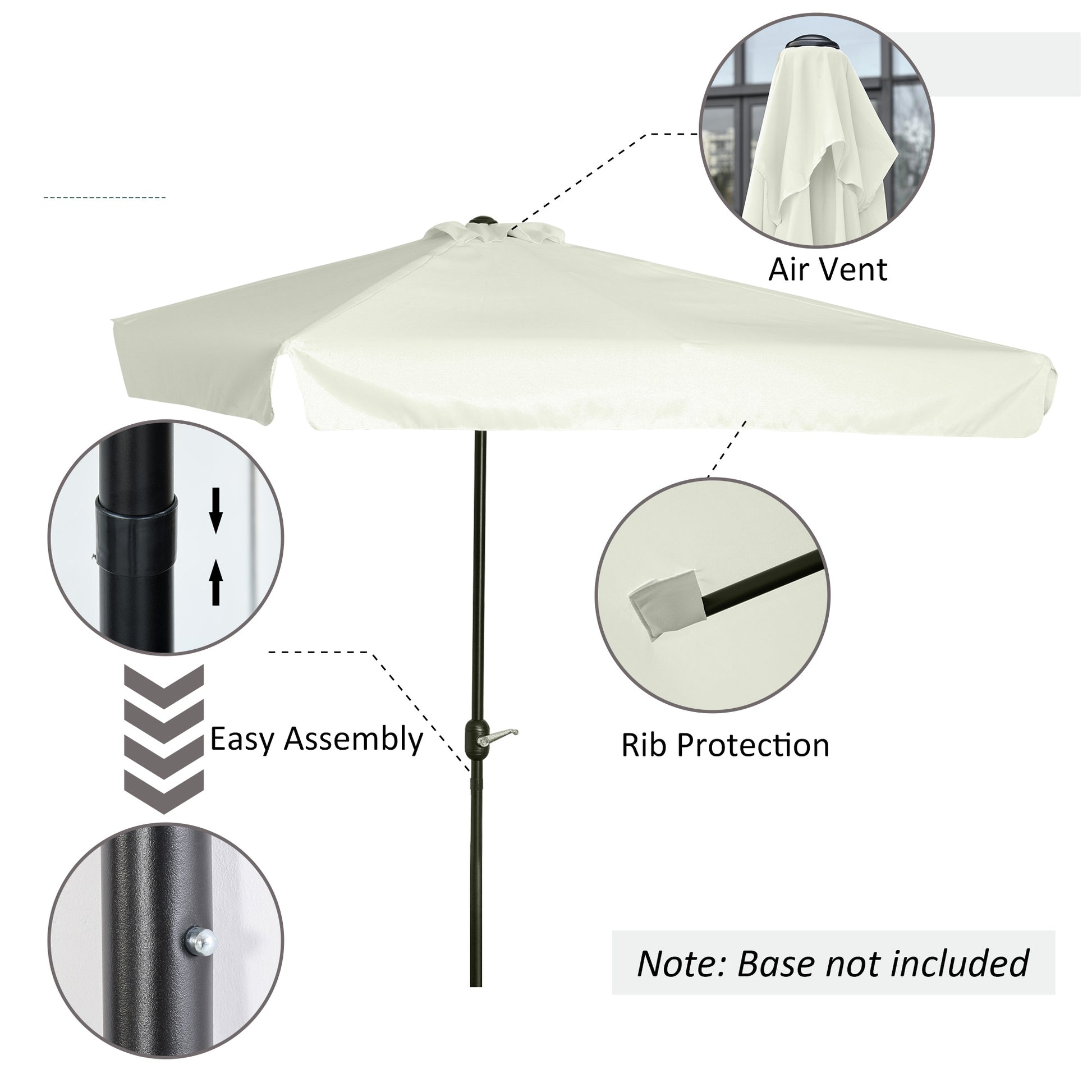 White patio umbrella with features highlighted on a white background