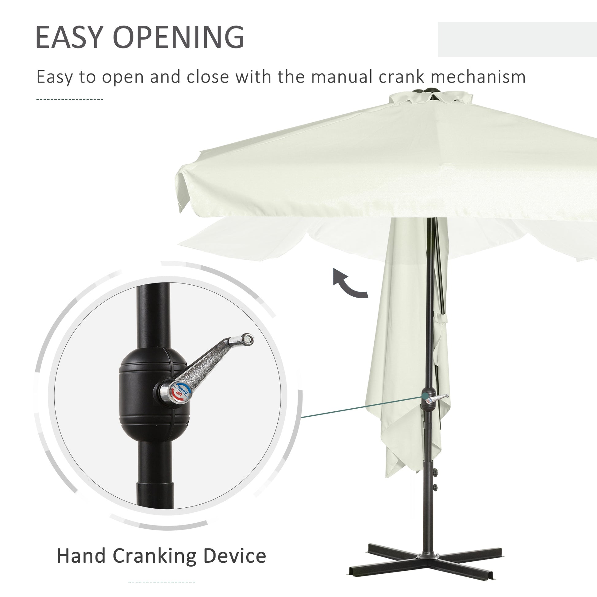 White patio umbrella with manual crank mechanism on a white background
