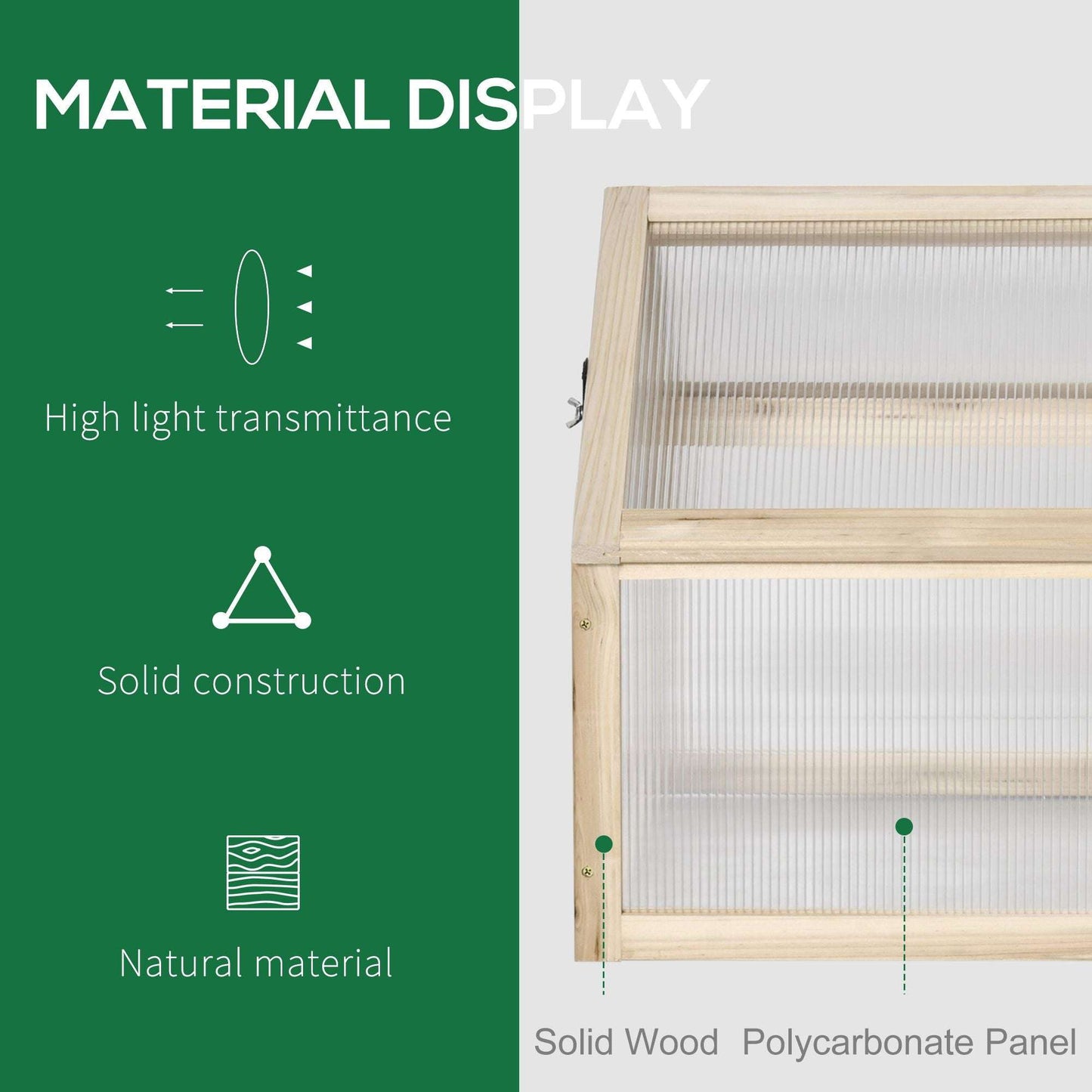 Window frame with polycarbonate panel on a green background with material display text.