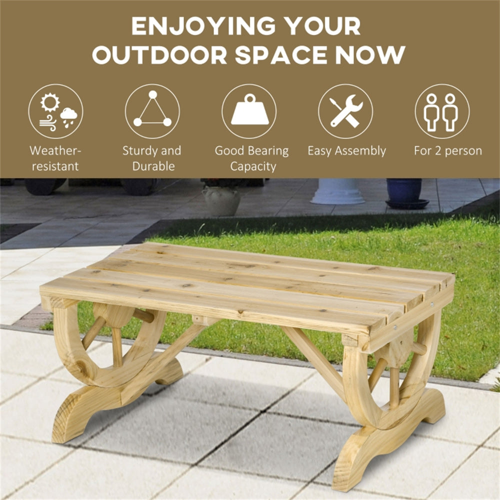 Wooden bench on a patio with features listed above it.
