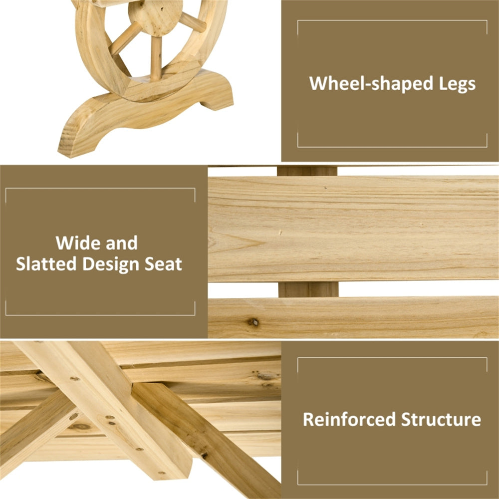 Wooden chair with wheel-shaped legs, wide slatted seat, and reinforced structure on a white background.