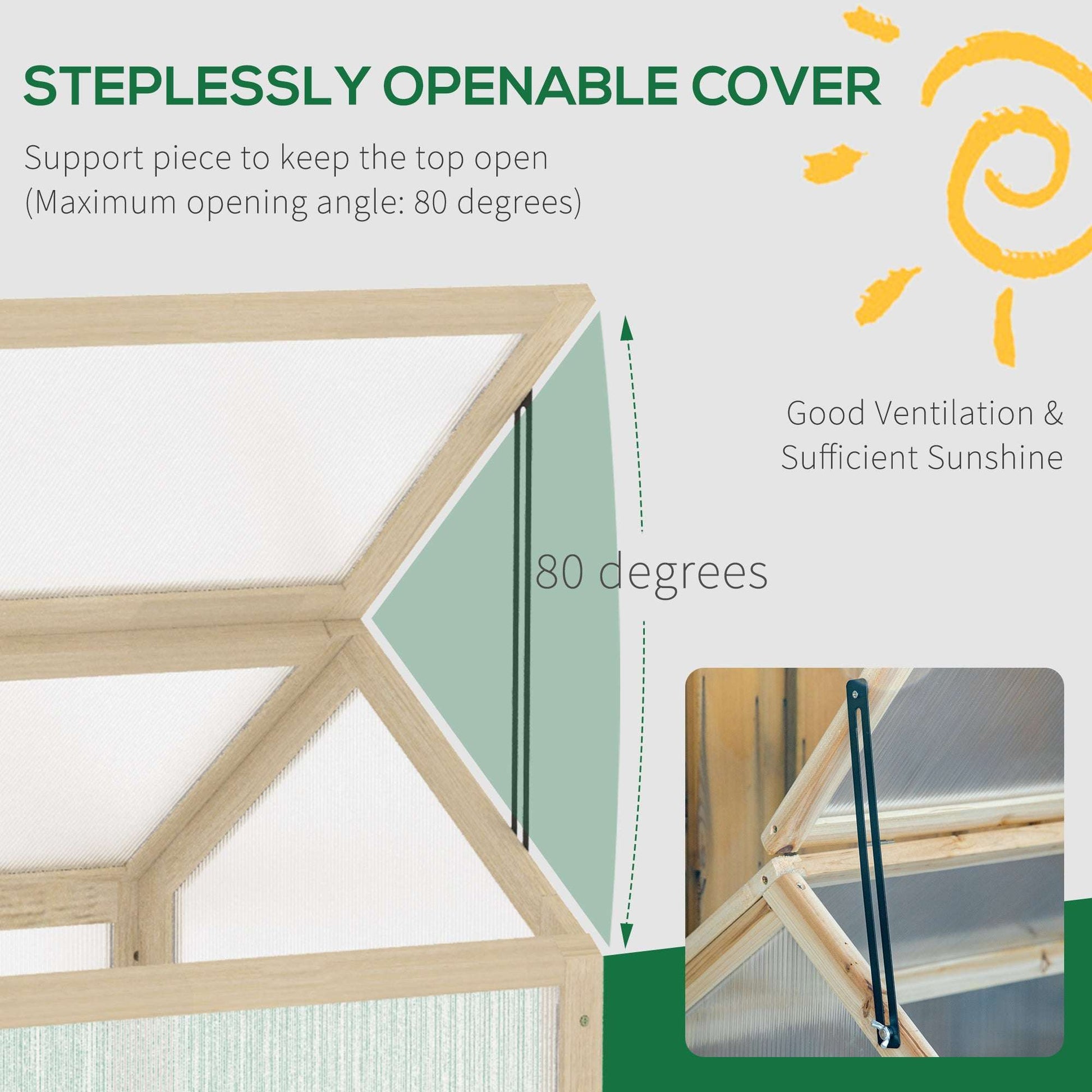 Steplessly openable cover with support piece for top opening, showing good ventilation and sufficient sunshine.