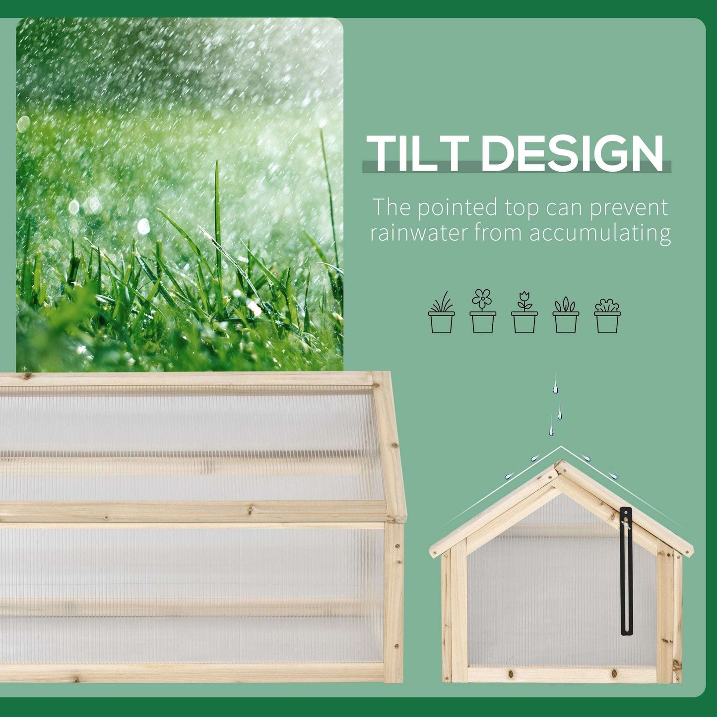 Wooden cold frame with tilt design feature on a green background
