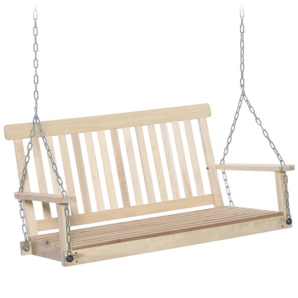 Wooden porch swing with chains on a white background