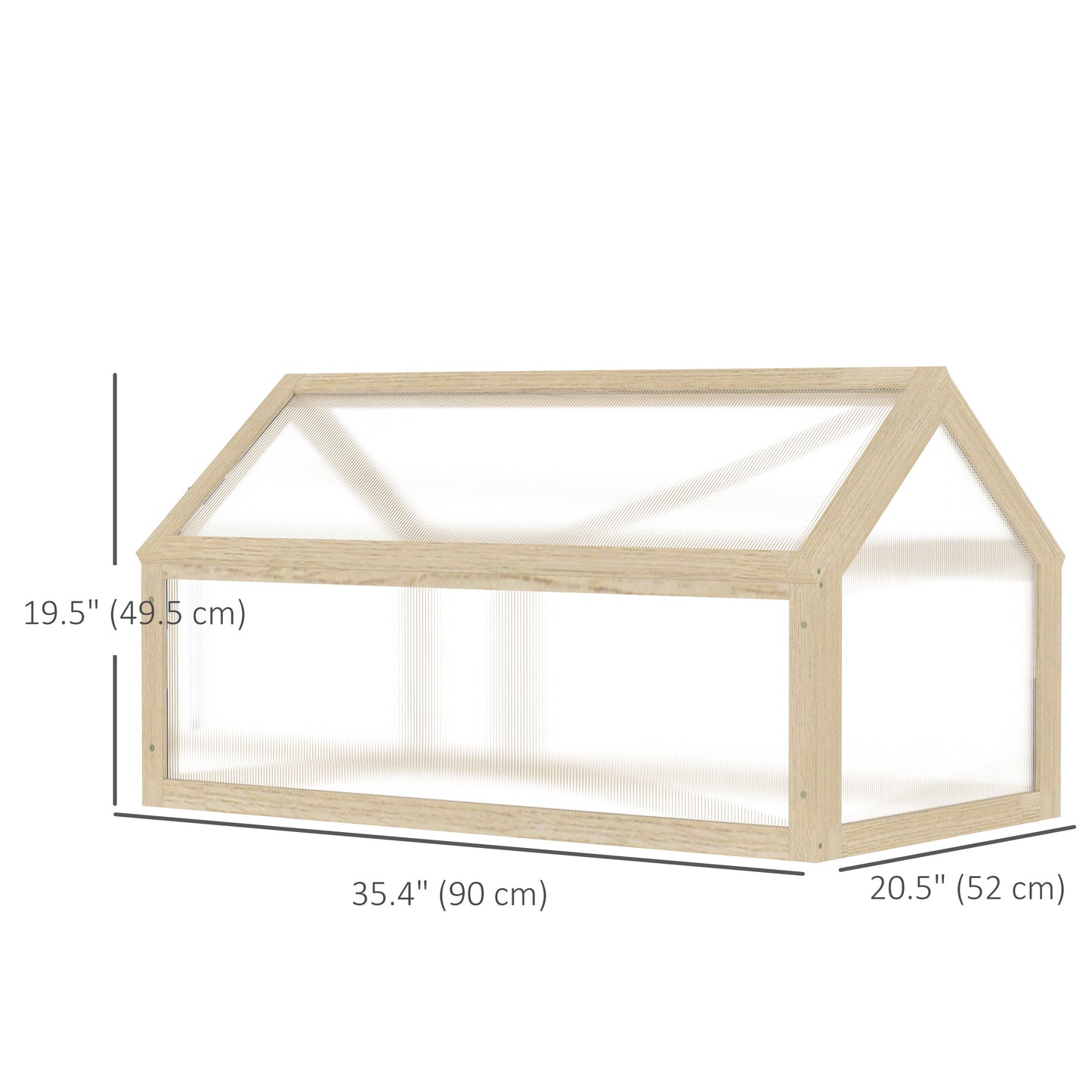 Wooden greenhouse frame with dimensions on a white background