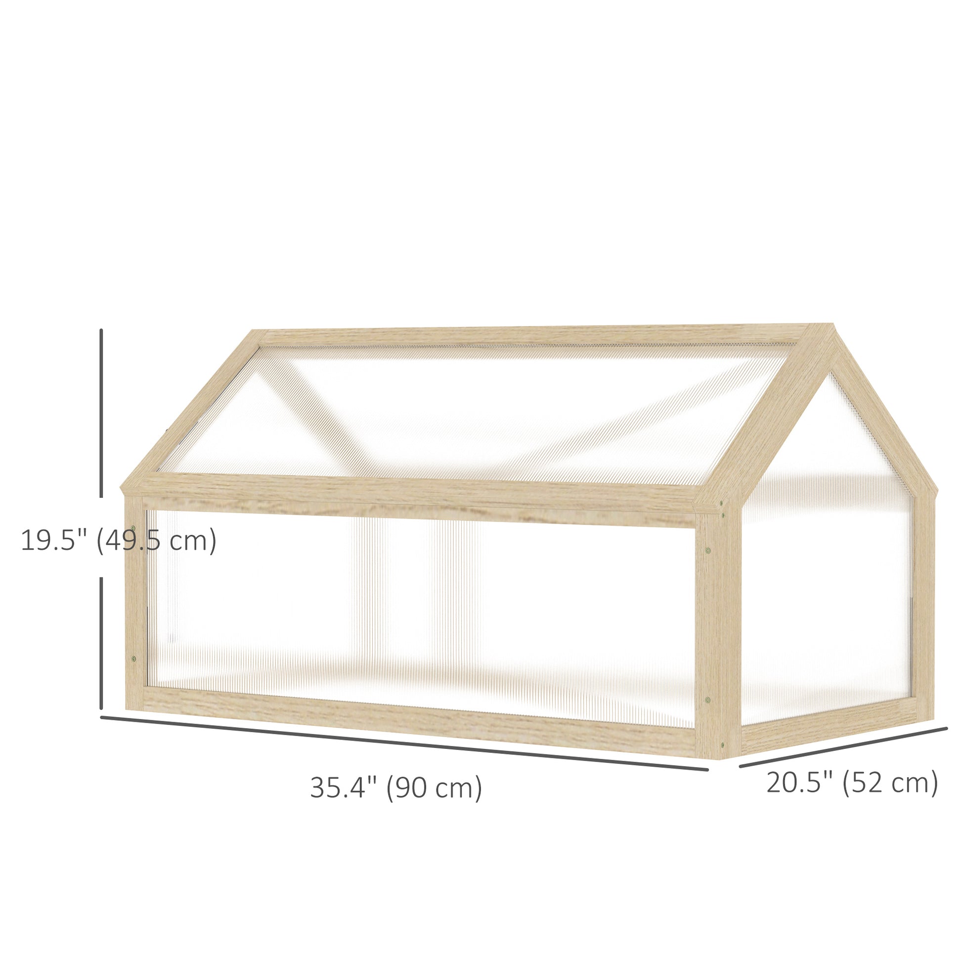 Wooden greenhouse frame with dimensions on a white background