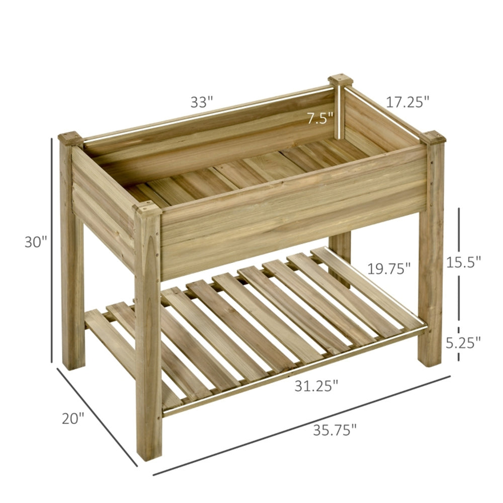 Wooden planter box with dimensions labeled on a white background