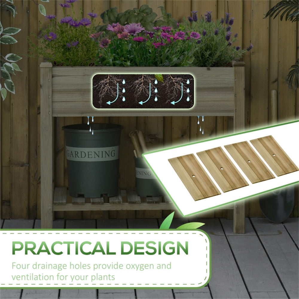 Wooden planter box with plants and gardening tools on a wooden deck, highlighting practical design features.
