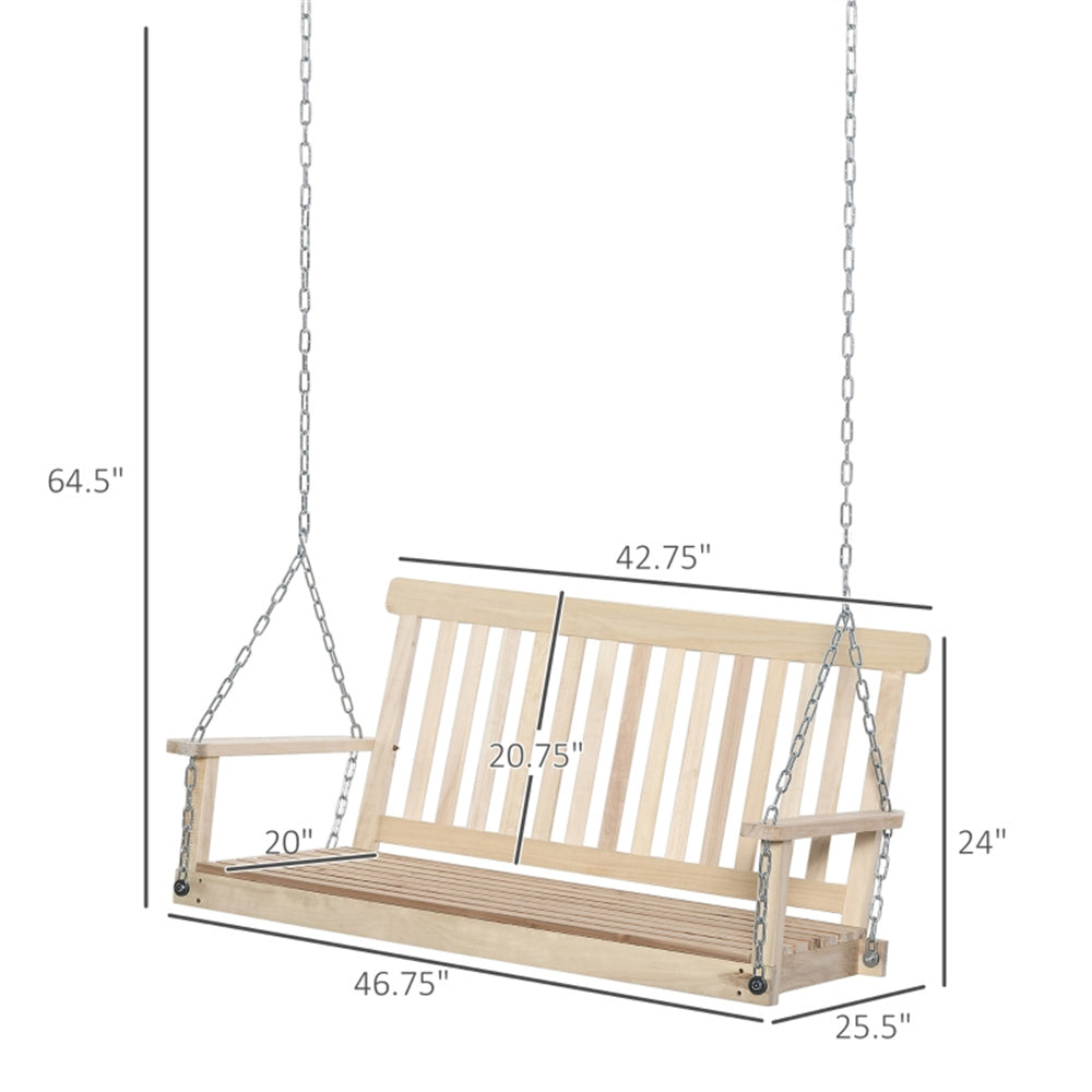 Wooden porch swing with dimensions labeled on a white background