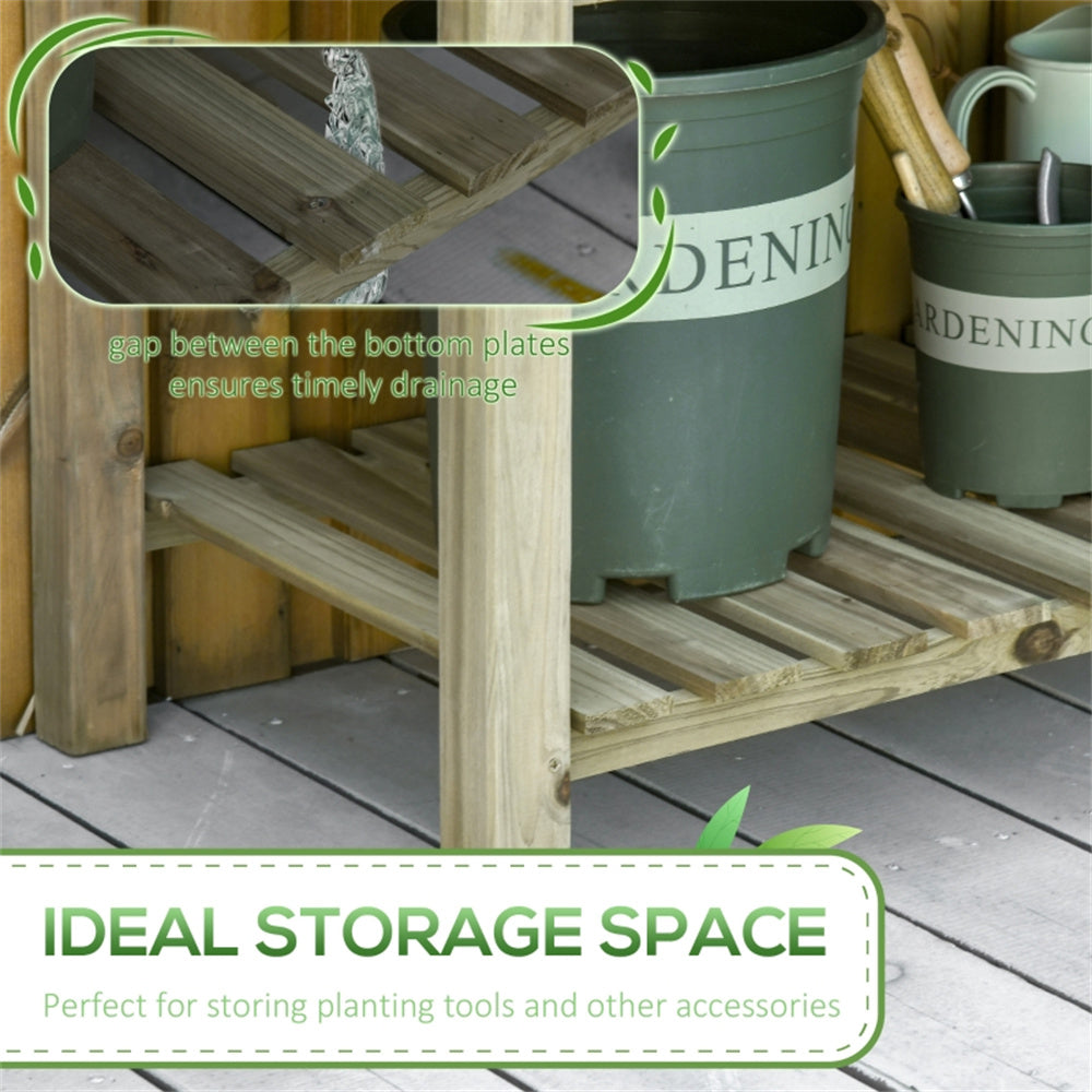 Wooden storage shelf with gardening tools and pots on a wooden deck.