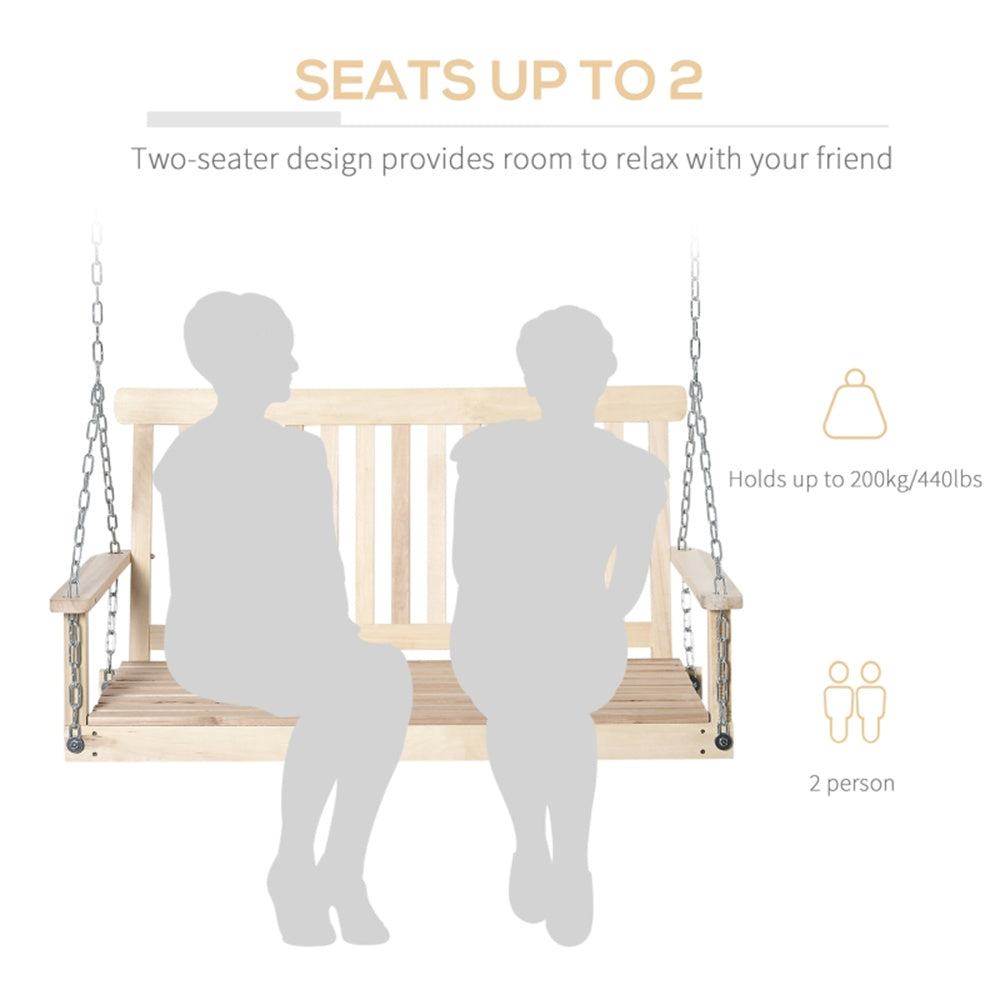 Wooden swing with two-seater design showing capacity for two people on a white background.