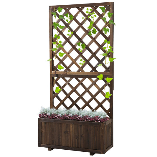 Wooden trellis with planter box and climbing plants on a white background