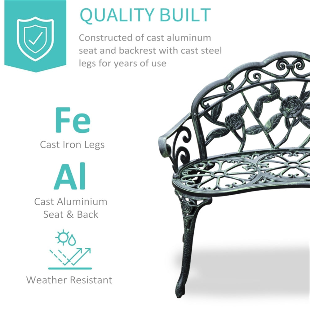 Wrought iron bench with text highlighting material and features on a white background