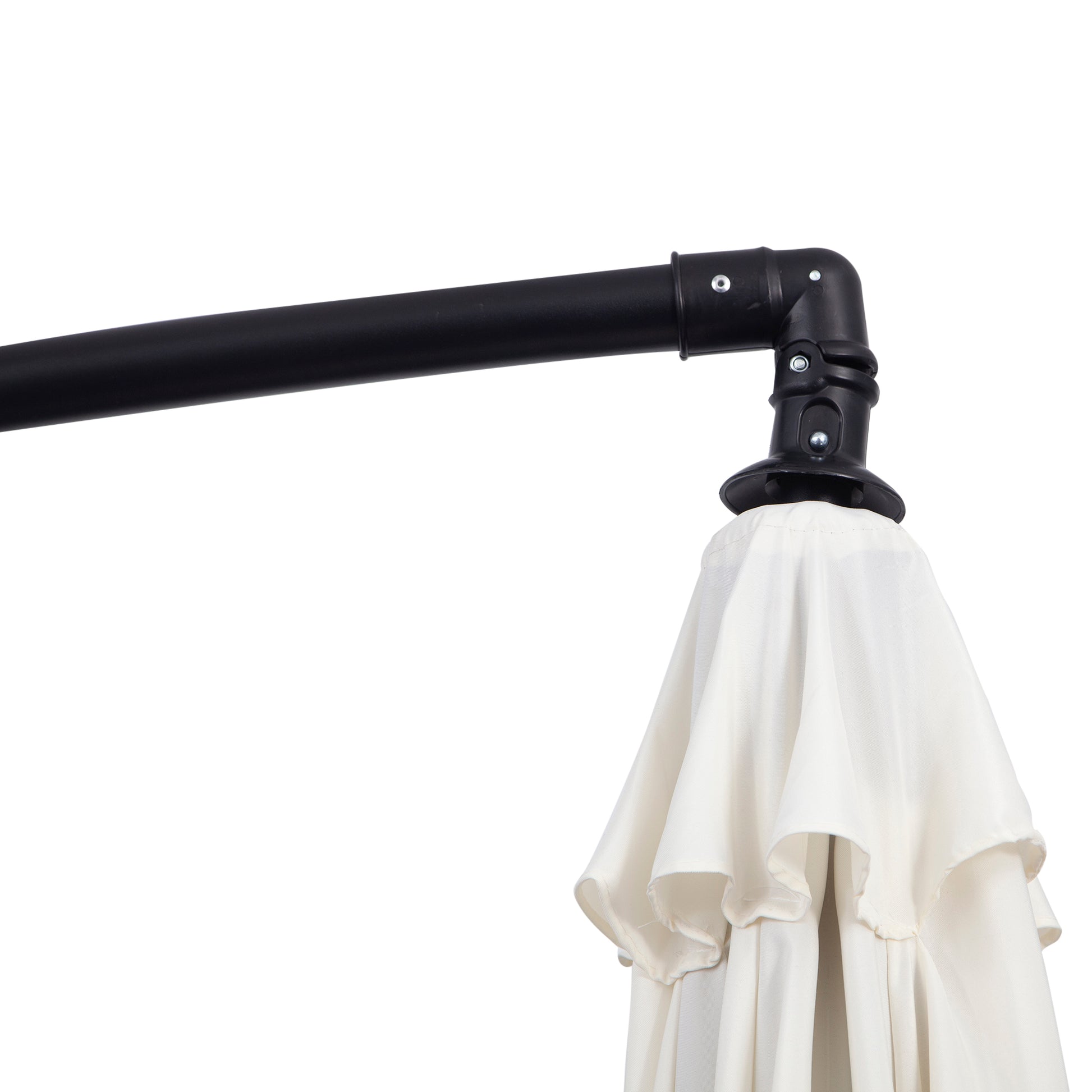 White umbrella with a black metal stand on a white background