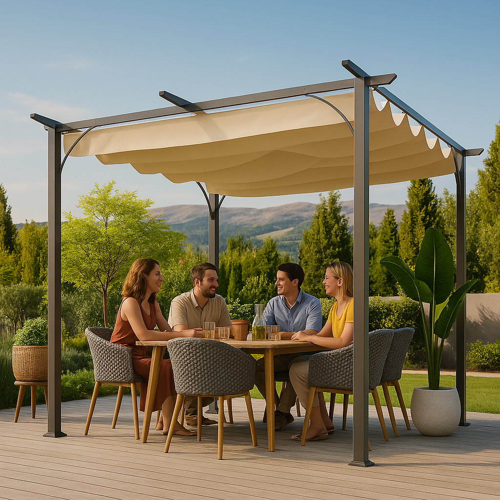 People sitting around a table under a pergola with a scenic background