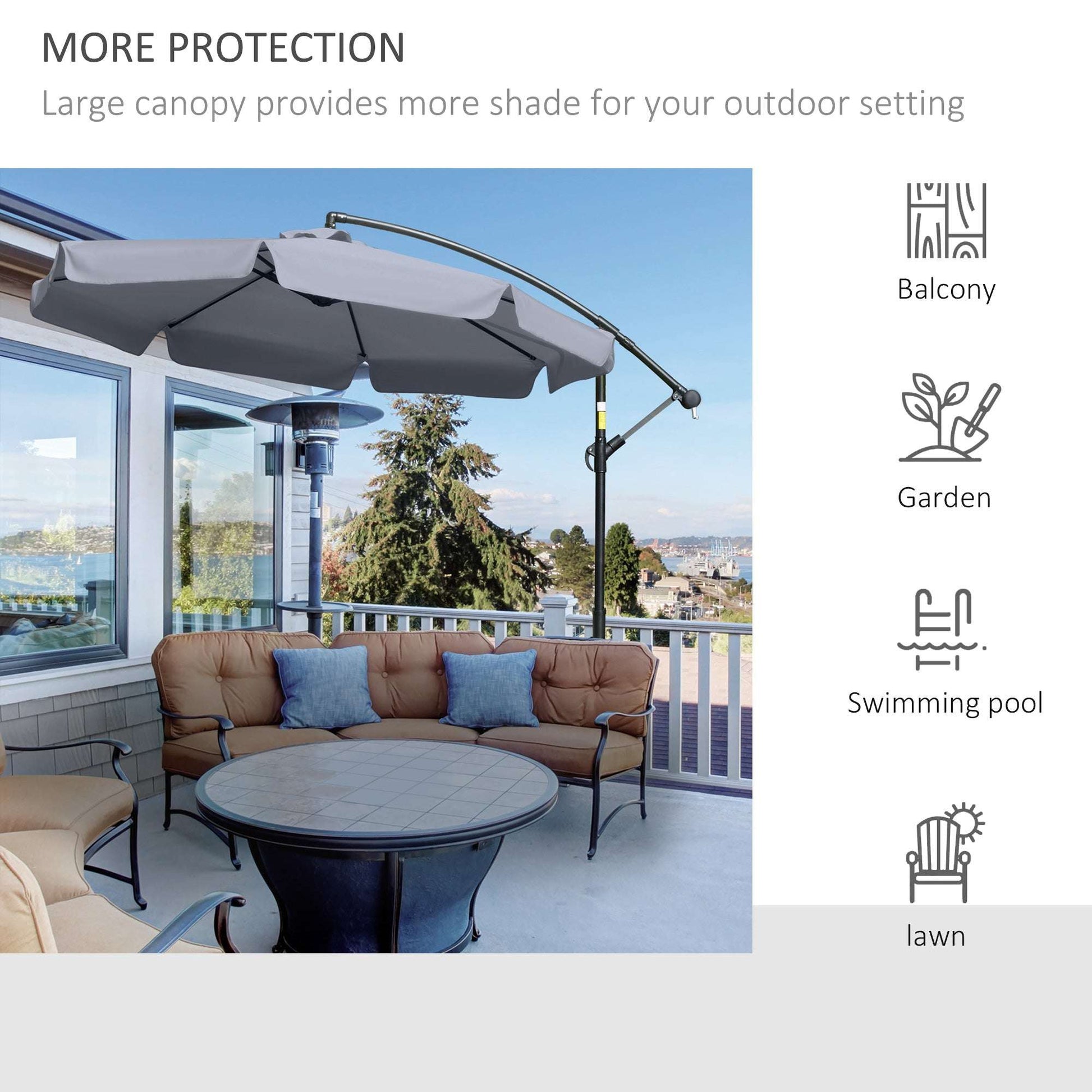 Outdoor patio setting with a large canopy providing shade, surrounded by furniture and decor.
