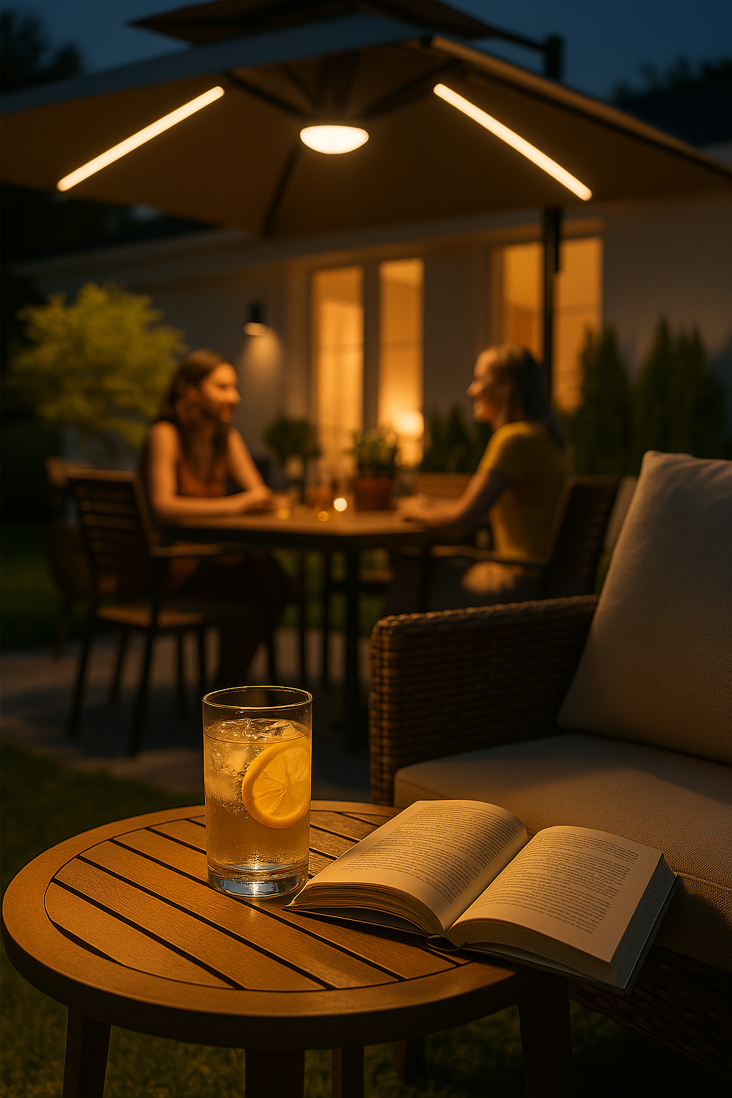 Two people sitting at a table in a garden at night, with a glass of lemonade and an open book on a small table in the foreground.