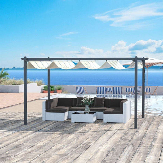 Outdoor patio set with pergola and pool in the background