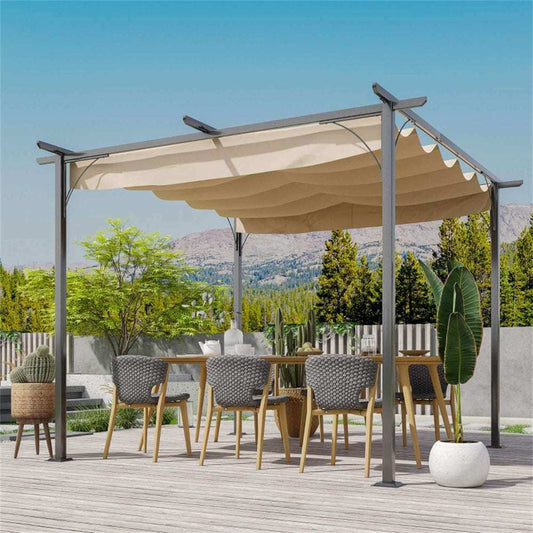 Outdoor patio with pergola, table, and chairs under a clear blue sky.