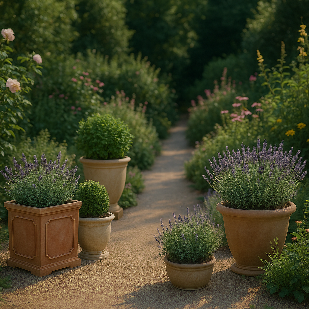 Row of potted plants including lavender and boxwood along a garden path.