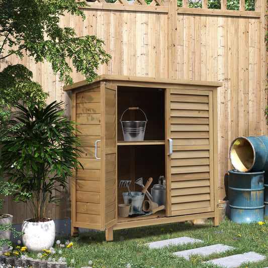 crafted  durable solid fir woodCompact wooden garden storage cabinet with slatted doors and pitched roof placed against a garden wall
