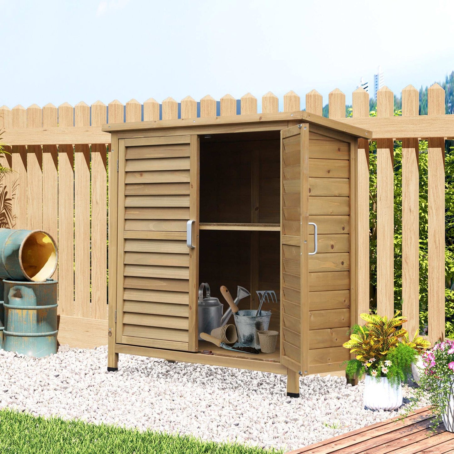 wooden shed with large shelves