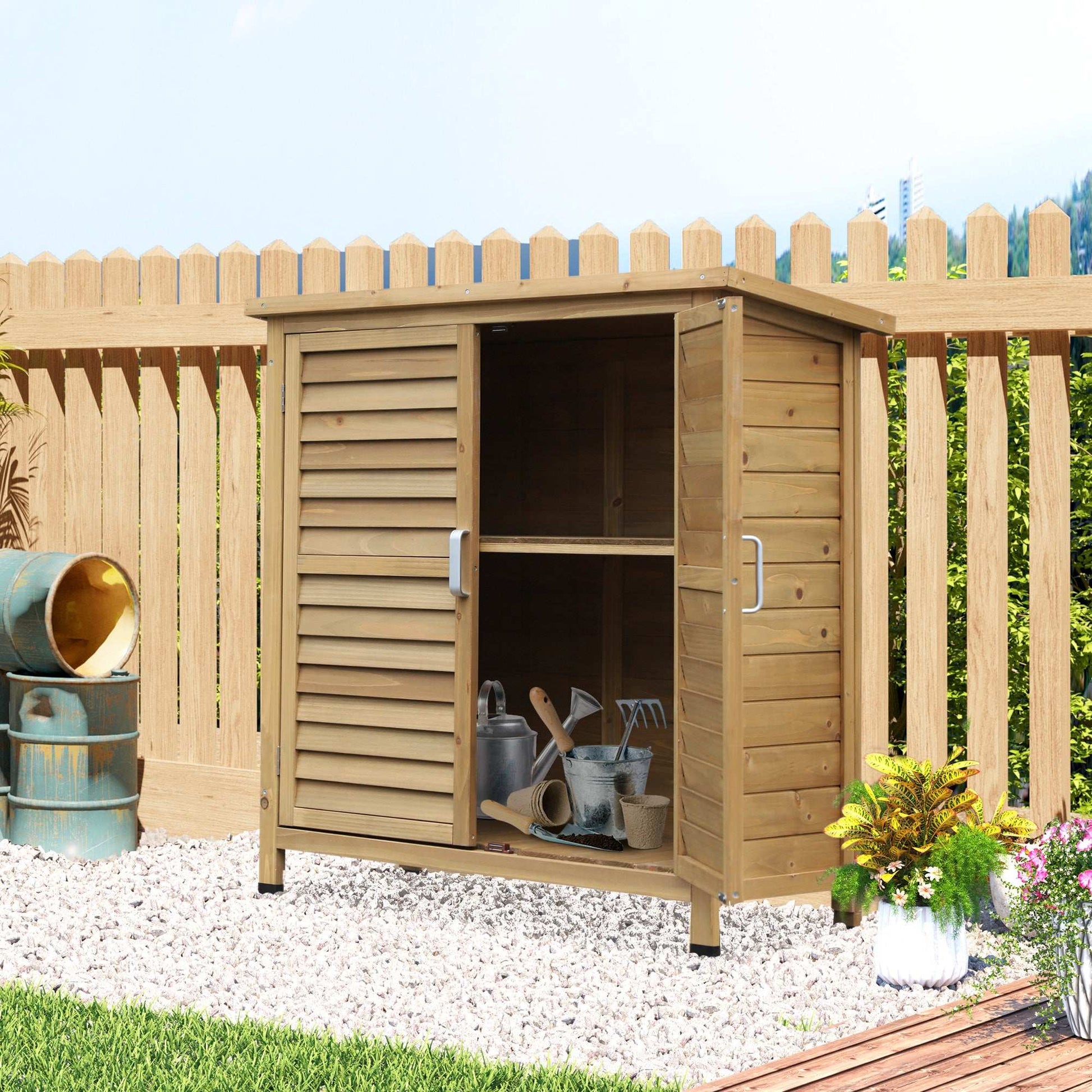 wooden shed with large shelves